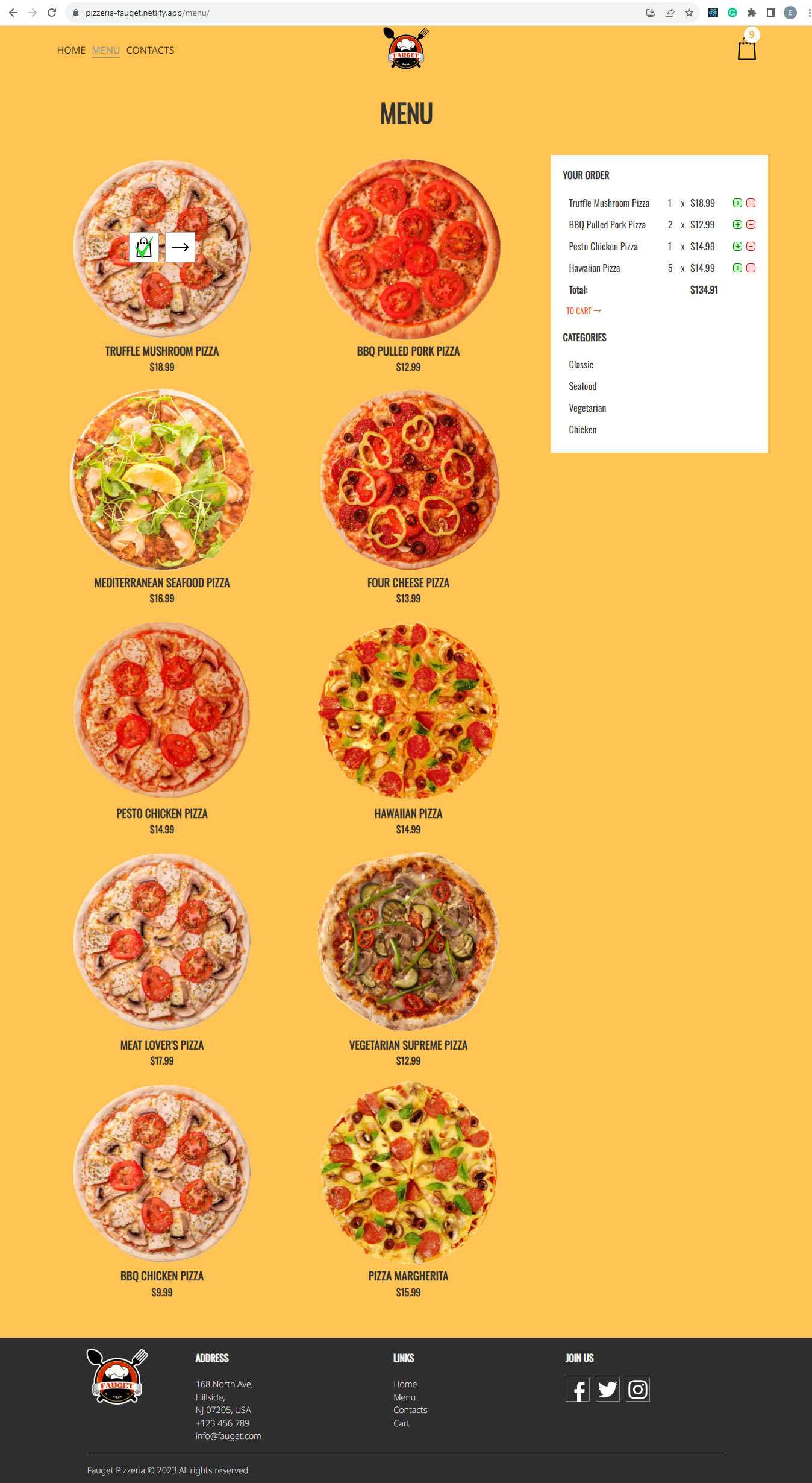 Page of Website for a pizzeria